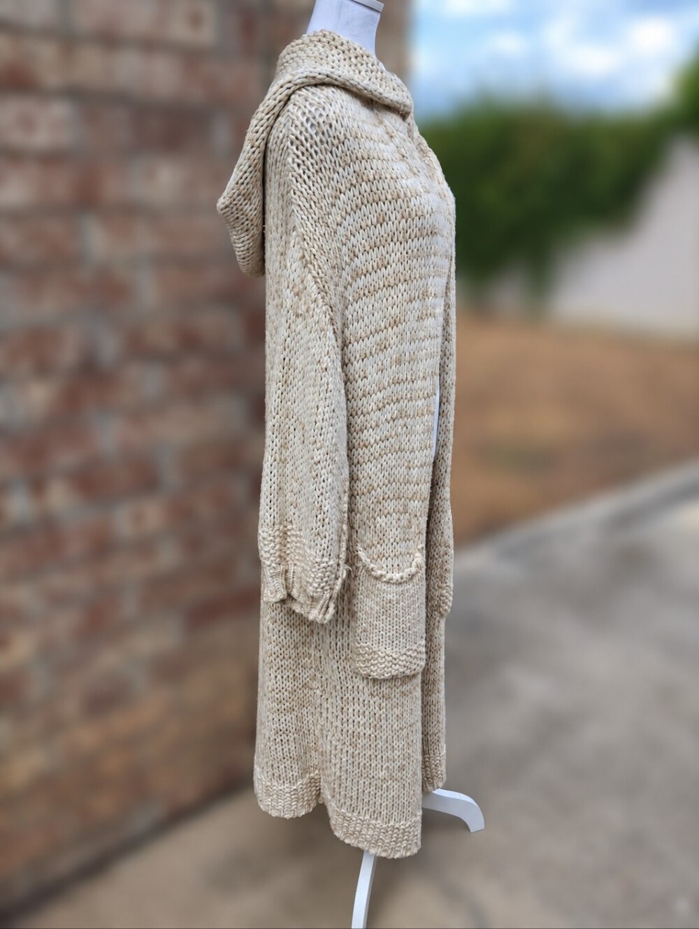 Free People Neutral Chunky Knit Hooded Longline Midi Cardigan Duster Size Small - Picture 5 of 16
